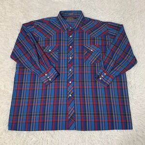 Vintage Plainsman for the Big Man Shirt 2X XXL Western Blue Red Plaid Pearl Snap